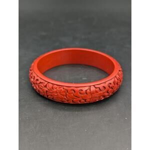 Vintage Chinese Cinnabar Lacquer Bangle Bracelet Carved Red Peony Floral 40g
